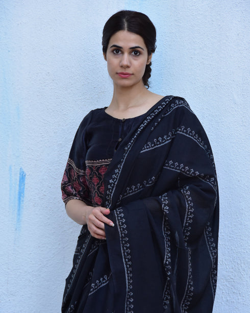 Black Hand Block Printed Cotton Mul Saree
